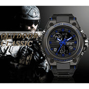 Findtime Men's Military Wristwatch, Dual Time Zone, LED Stopwatch, Waterproof, Blue Dial, Quartz Movement, 739blue