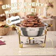 NEWKITCHEN CD-RD6Q-GD4 6QT Chafing Dishes Set, Stainless Steel with Elegant Gold Embellished Silver, 4 Pack, Includes Spoon and Clip