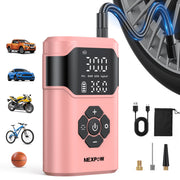 NEXPOW HY07 Tire Inflator Portable Air Compressor, 150 PSI, Dual-Screen Display, 5000mAh Battery, 4-in-1 Multifunctional Pump, Pink