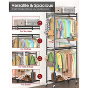 Sakugi Heavy-Duty Clothes Rack with Mesh Shelves, Hooks, Wheels with Brakes, Black, 32.5 x 11.9 x 78.9 in