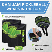 Kan Jam Pack 'N Go Pickleball Set, Portable Outdoor Game with 2 Wooden Paddles, 3 Pickleballs, Foldable Goals with Built-in Scoring, Black and Green, 4 Player
