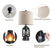 JUJUYUYOP 22-Inch Farmhouse Lantern Table Lamp Set of Two with Dual USB Charging Ports, Black Linen Shade, Frosted Glass, Industrial Style RO-001