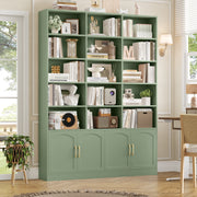 Homfa 5-Tier Triple Wide Bookcase with 15 Cubes, 4 Doors, 2 Cabinets, Green, 59.1in x 9.3in x 82.3in, 1077476