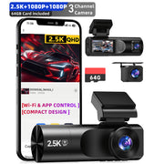 FFN Dash Camera 3 Channel 2.5K Front, 1080P Interior and Rear, WiFi with App Control, 64GB Card, Night Vision, 24H Parking Monitor, G-Sensor, Loop Recording, WDR