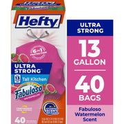 Hefty Ultra Strong 13 Gallon Tall Kitchen Trash Bags, Pink, Fabuloso Watermelon Scent, Pack of 110, E8882211