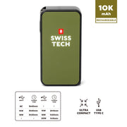Swiss Tech Power Bank, 10000 mAh, 20W Fast Charge, USB-A USB-C AC Plug, Built-In Lanyard Charging Cord, Gray, D33660