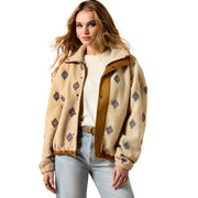 Ariat Women Sherpa Blocked Jacket, Classic Fit, Southwest Embroidered Motif, Cropped Aviator Style, 100% Recycled Polyester, Cozy Sherpa Lining, 10062815