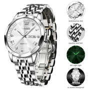 OLEVS 9931 Men's Analog Quartz Watch, Silver Stainless Steel, Diamond Accents, Lozenge-Shaped Dial, Date Display, Luminous Hands, 30M Water Resistant