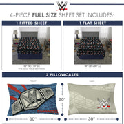 WWE Kids 4 Piece Full Sheet Set, Black Microfiber with Reversible Pillowcases, 10-Inch Deep Pocket, 9B284W