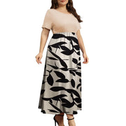 FOLUNSI Women Plus Size Maxi Dress, Short Sleeve, Loose Fit, Ribbed Floral Pattern, Apricot, 3XL