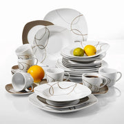 ComfyCreations 30-Piece Porcelain Dinnerware Set for 6, Ivory White with Brown Accents, Microwave and Dishwasher Safe