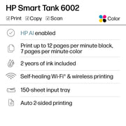 HP Smart Tank 6002 Wireless All-in-One Ink Tank Printer, High-Capacity Refillable Ink, Dual-Band Wi-Fi, Automatic Two-Sided Printing, Black