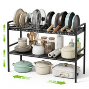 Sentryse Expandable Pots and Pans Organizer, 2-Tier Adjustable Pot Rack with 2 Removable Lid Holders, Black