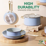 Chef Power AHUSNS01163 7 Pcs Ceramic Cookware Set, Non-Stick Pots and Pans with Brushed Gold Stainless Steel Handles, Oven Safe to 450F, Blue Gray
