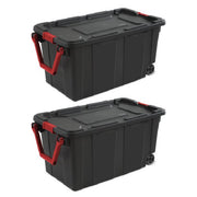 Sterilite 1469-90 Plastic 40 Gallon Wheeled Industrial Tote Black Set of 2