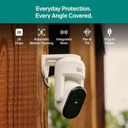 Arlo Essential Pan Tilt Security Camera, 2K Wired Plug-In Power, 360 Pan 180 Tilt, Color Night Vision, Smart Detection, Integrated Spotlight, 2 Cameras, White, VMC3083