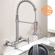 KINGTACK Wall Mount Kitchen Faucet, 8 Inch Commercial Sink Faucet with Dual Handles, 360 Swivel Spout, Dual-Function Sprayer, Matte Black