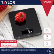 Taylor 33 LB Kitchen Glass Digital Scale, Black, High Capacity, Hold Function, Touch Control, 5301335