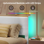 Bestier King Platform Bed Frame with Adjustable Storage Headboard Shelf, RGB LED Lighting, Corduroy Upholstered, Light Gray