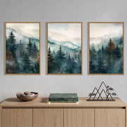 TOARTi Watercolor Misty Forest Framed Canvas Wall Art Set, Nature Landscape, Foggy Mountain Pine Trees, Three-Piece, 16x24x3 in