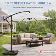 Napwant 10ft Patio Cantilever Outdoor Umbrella, Hanging Offset Design, White, Crank Opening, Adjustable Tilt, Steel Cross Stand Included