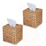Esepony QL204403 Handwoven Tissue Box Cover, Natural Water Hyacinth and Cork, Square Shape, 2-Pack