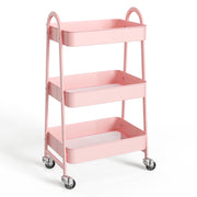 ZUNMOS 3 Tier Utility Rolling Cart, Metal Mobile Storage Cart with Lockable Caster Wheels, Pink - Movable & Lockable