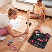 Cshidworld 39 Piece Household Hand Tool Set with Compact Pink Toolbox for Home Garage Office