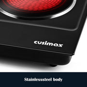 CUSIMAX Electric Hot Plate Double Burner, 1800W Infrared, Ceramic Glass Surface, Stainless Steel, Portable Countertop Stove