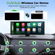Lamtto 10.25-Inch Wireless CarPlay Screen with 2.5K Front Dashcam, 1080P Rear Backup Camera, GPS Navigation, Bluetooth, Siri, DVR, 64GB Card RC28
