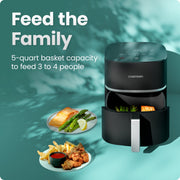 Chefman TurboX 5-Quart Digital Air Fryer, 4 Cooking Functions, X-Shaped Airflow, Touch Controls, Black, RJ38-5T