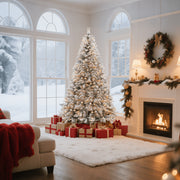 VAVSEA 7.5ft Pre-Lit Snow Flocked Christmas Tree with 350 Warm White LED Lights, 1200 Tips, Hinged Branches, Storage Bag, Christmas Fence, Tree Skirt, Gloves, Metal Stand