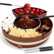 Mailand Electric Fondue Pot Set, Chocolate Melting Pot with Temperature Control, 4-Section Food Tray, Brown