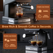 Bluebow Espresso Machine Coffee Maker with 20 Bar Pressure, Milk Frother Steam Wand, Semi-Automatic, Black, CM3160