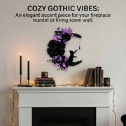 Magical Halloween Moon Cat Crescent Wreath with Light-Up Purple Floral Accents and Gothic Black Rose, Elegant Hanging