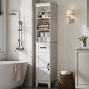 IDEALSOUL Tall Bathroom Storage Cabinet, Narrow Freestanding Linen Cabinet with Barn Door, Drawer, White