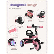 Besrey Toddler Tricycle with Adjustable 4-Position Seat, Motion-Activated Flashing LED EVA Foam Wheels, Bell, Foldable Handlebar, Pink, Ages 18 Months to 5 Years, BSR-KSE08