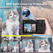 ACTITOP Digital Camera, 64MP Dual Lens, 5K UHD Video, 6X Optical Zoom, Wi-Fi Enabled, 2.8-Inch IPS Screen, Black