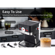 Fyydes 1.5L Water Tank Pressure Gauge Milk Frother Steam, Black