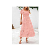 PRETTYGARDEN Summer Dress for Women, Eyelet Floral Pattern, Square Neck, Puff Sleeve, Smocked Waist, Maxi Length, Pink, with Pockets
