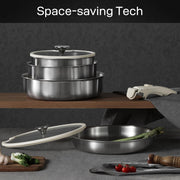 CARROTS Battery Pots and Pans in Stainless Steel 10 Pieces, Kitchen Pan Set with Removable Handles with Lid for Induction, Dishwasher, Gas and Oven
