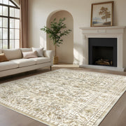 KAMOMA WMS20037-BE912 9 x 12 Vintage Floral Area Rug Low Pile Non Slip TPE Backing Machine Washable Beige
