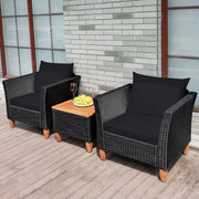 Costway HW66532BK 3-Pieces Wicker Patio Conversation Set Wooden Table Top with Black Cushions - Black