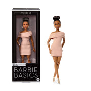 Mattel Barbie Basics Collectible Doll 08, Brunette Hair, Tan Dress, Strappy Cream Heels, Made-to-Move Petite Body, JJX27