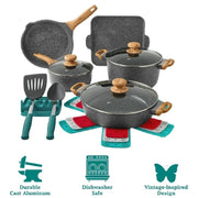 The Pioneer Woman Prairie Signature 14-Piece Cast Aluminum Cookware Set, Charcoal Speckle