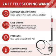 DAIMOT 24 FT Telescoping Pressure Washer Wand with Brush, 7 Spray Nozzle Tips, 2 Hose Adapters, Support Belt, Aluminum Gutter Cleaner Attachment