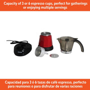 Imusa Electric Espresso Coffee Maker, 3 or 6 Cup Capacity, Red, Cool-Touch Handle, Detachable Base, GAU-18235