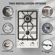 VBGK 2 Burner Gas Cooktop, Dual Fuel Propane and Natural Gas, 12-Inch Stainless Steel with Thermocouple Safety, Cast Iron Grates, Auto Electric Ignition