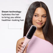 L'ange Hair SteamSmooth Steam Smoothing Comb, Coconut Oil Infused Ceramic Bristles, Ionic Frizz Control, Adjustable Heat, Pink