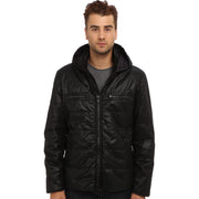 John Varvatos O920Q3B-AQWE-001 Men's Quilted Puffer Double Collar Hoodie with Contrast Trims, Large, Black